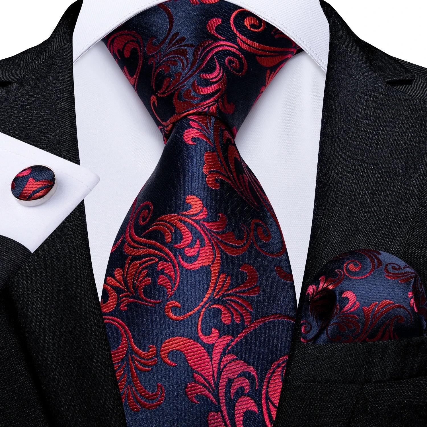 Luxury Floral Striped Solid Men's 8 cm Red Silk Tie Set Handkerchief Cufflinks Business Wedding Prom Groom Accsessories Gift Men - Luzilly Bridal & Apparel