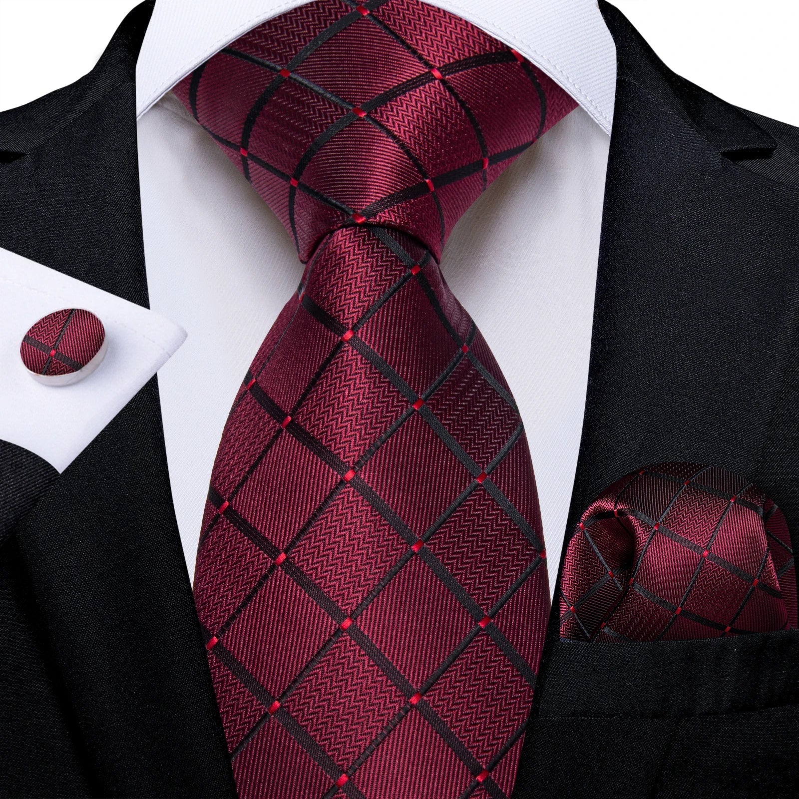 Luxury Floral Striped Solid Men's 8 cm Red Silk Tie Set Handkerchief Cufflinks Business Wedding Prom Groom Accsessories Gift Men - Luzilly Bridal & Apparel