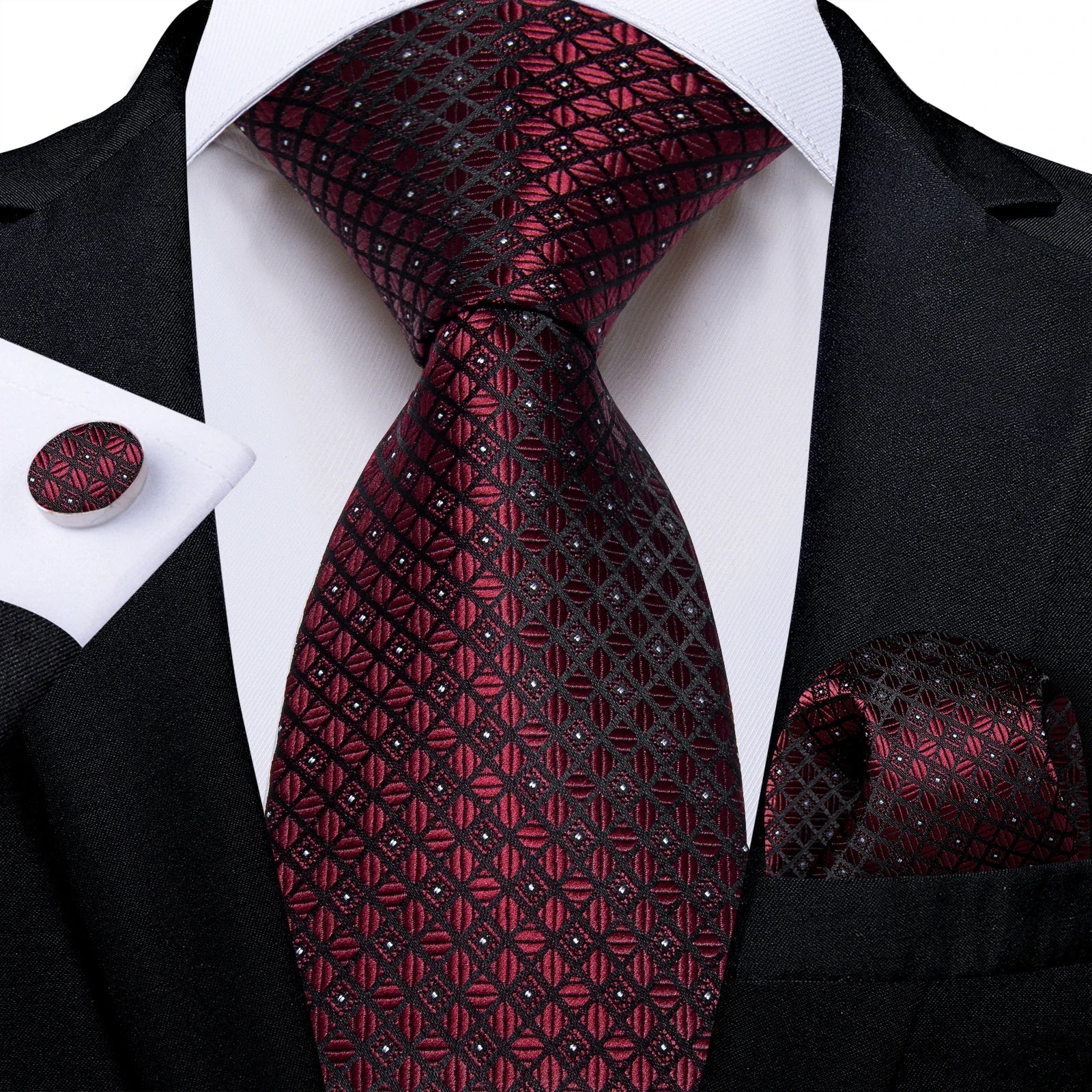 Luxury Floral Striped Solid Men's 8 cm Red Silk Tie Set Handkerchief Cufflinks Business Wedding Prom Groom Accsessories Gift Men - Luzilly Bridal & Apparel