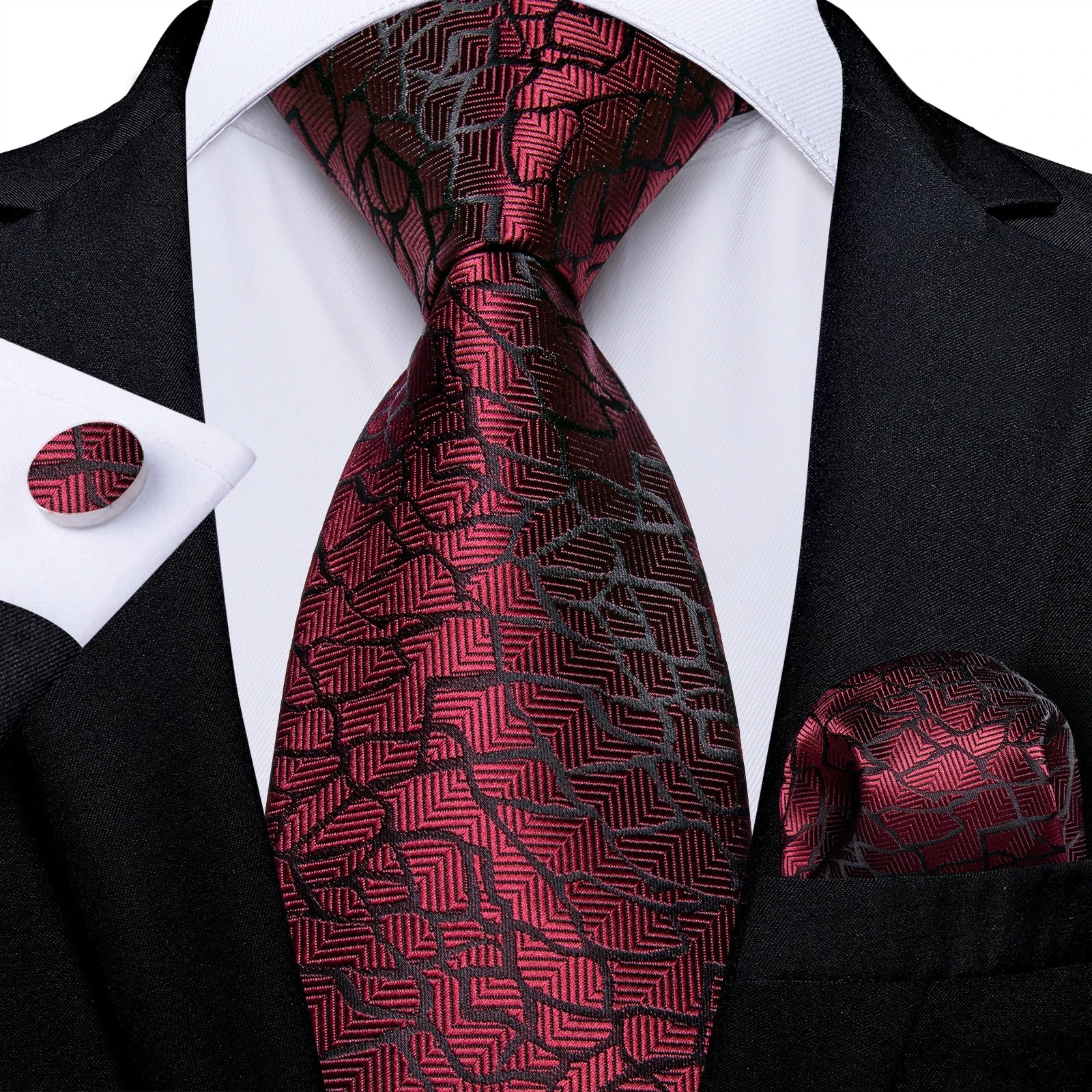 Luxury Floral Striped Solid Men's 8 cm Red Silk Tie Set Handkerchief Cufflinks Business Wedding Prom Groom Accsessories Gift Men - Luzilly Bridal & Apparel