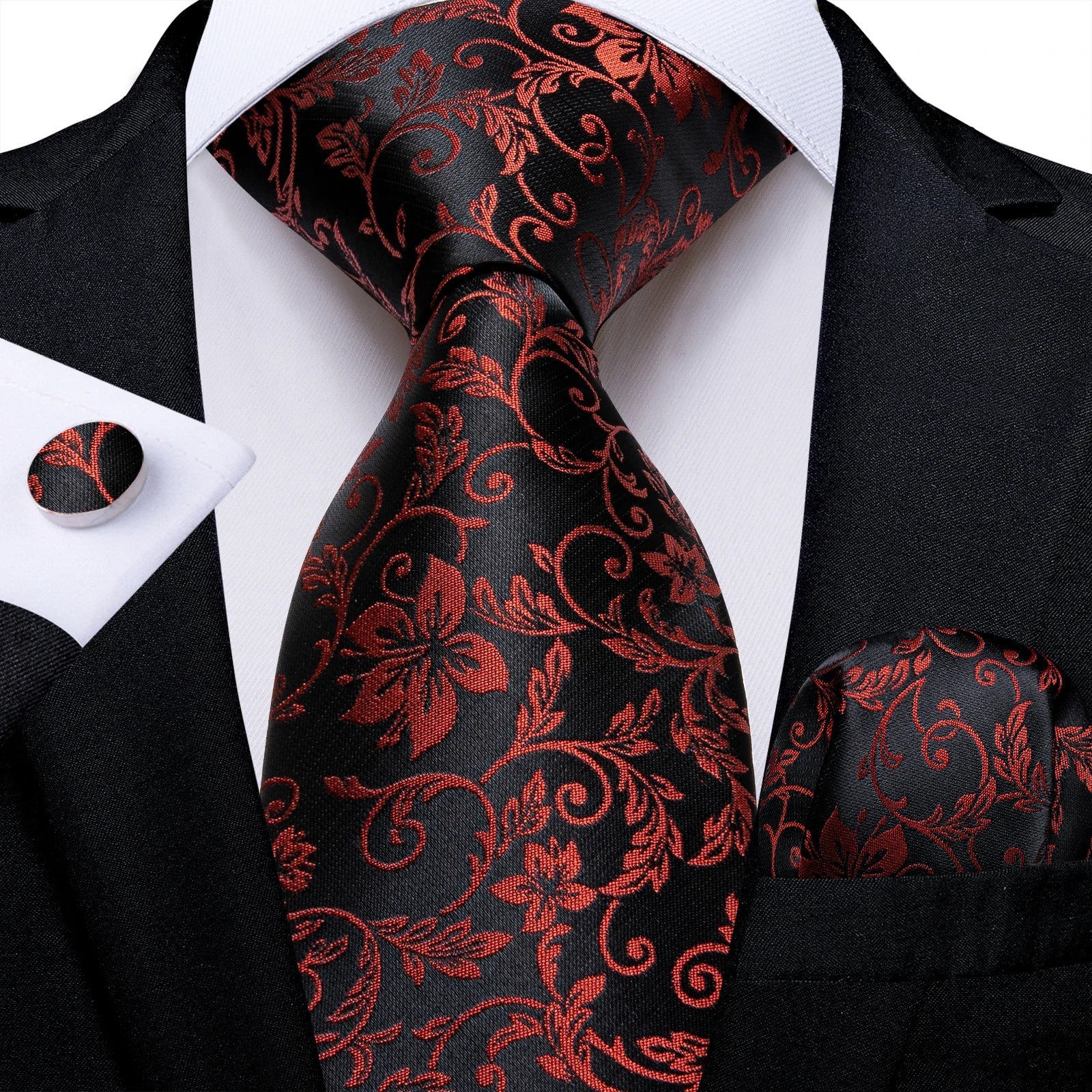 Luxury Floral Striped Solid Men's 8 cm Red Silk Tie Set Handkerchief Cufflinks Business Wedding Prom Groom Accsessories Gift Men - Luzilly Bridal & Apparel