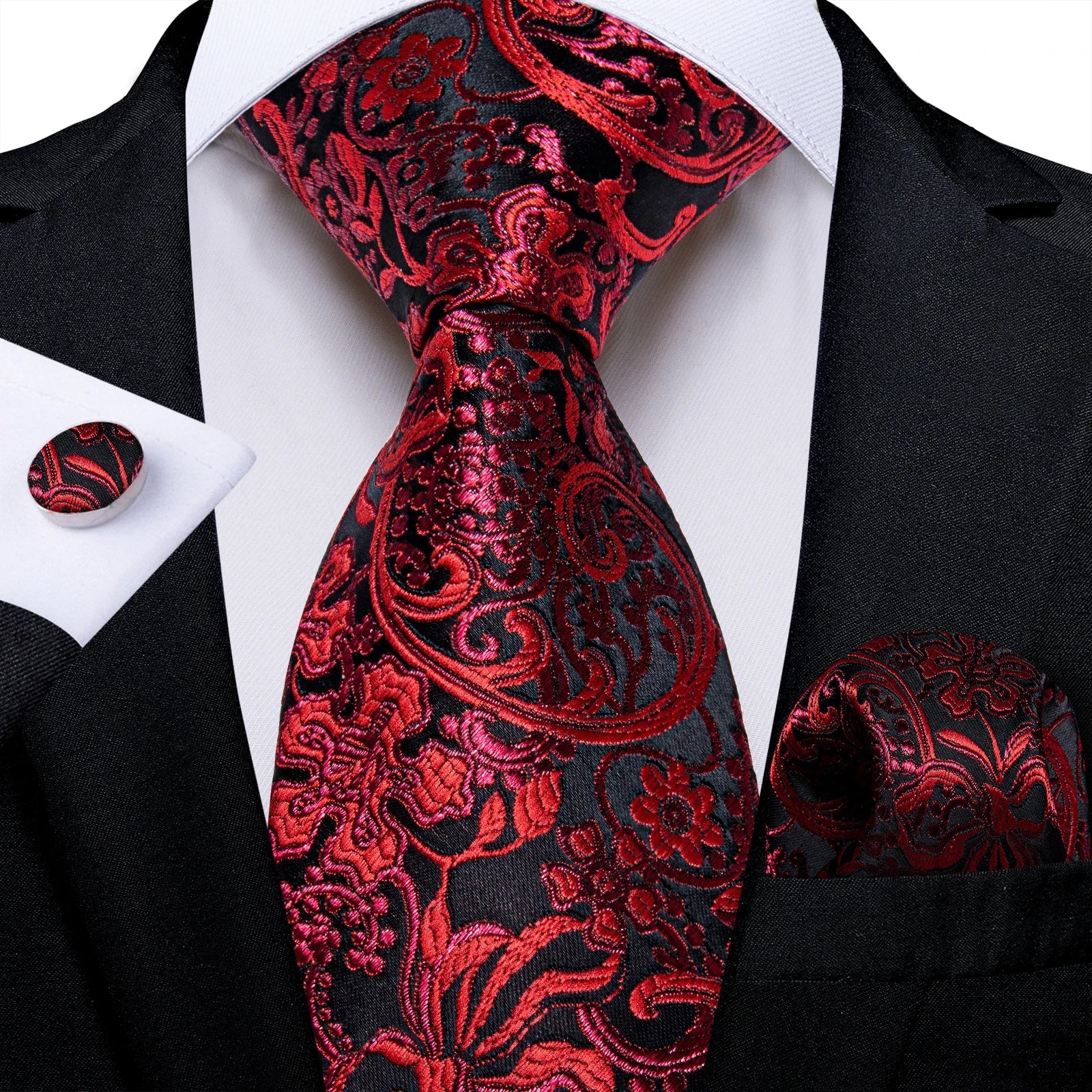 Luxury Floral Striped Solid Men's 8 cm Red Silk Tie Set Handkerchief Cufflinks Business Wedding Prom Groom Accsessories Gift Men - Luzilly Bridal & Apparel