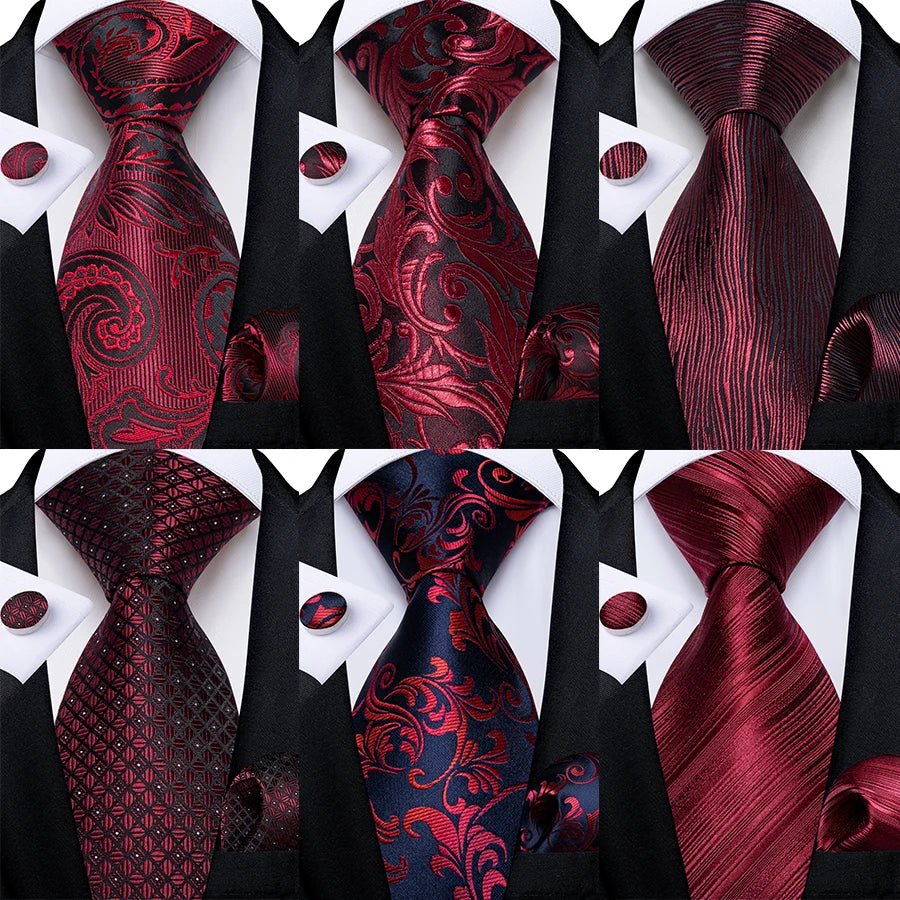 Luxury Floral Striped Solid Men's 8 cm Red Silk Tie Set Handkerchief Cufflinks Business Wedding Prom Groom Accsessories Gift Men - Luzilly Bridal & Apparel
