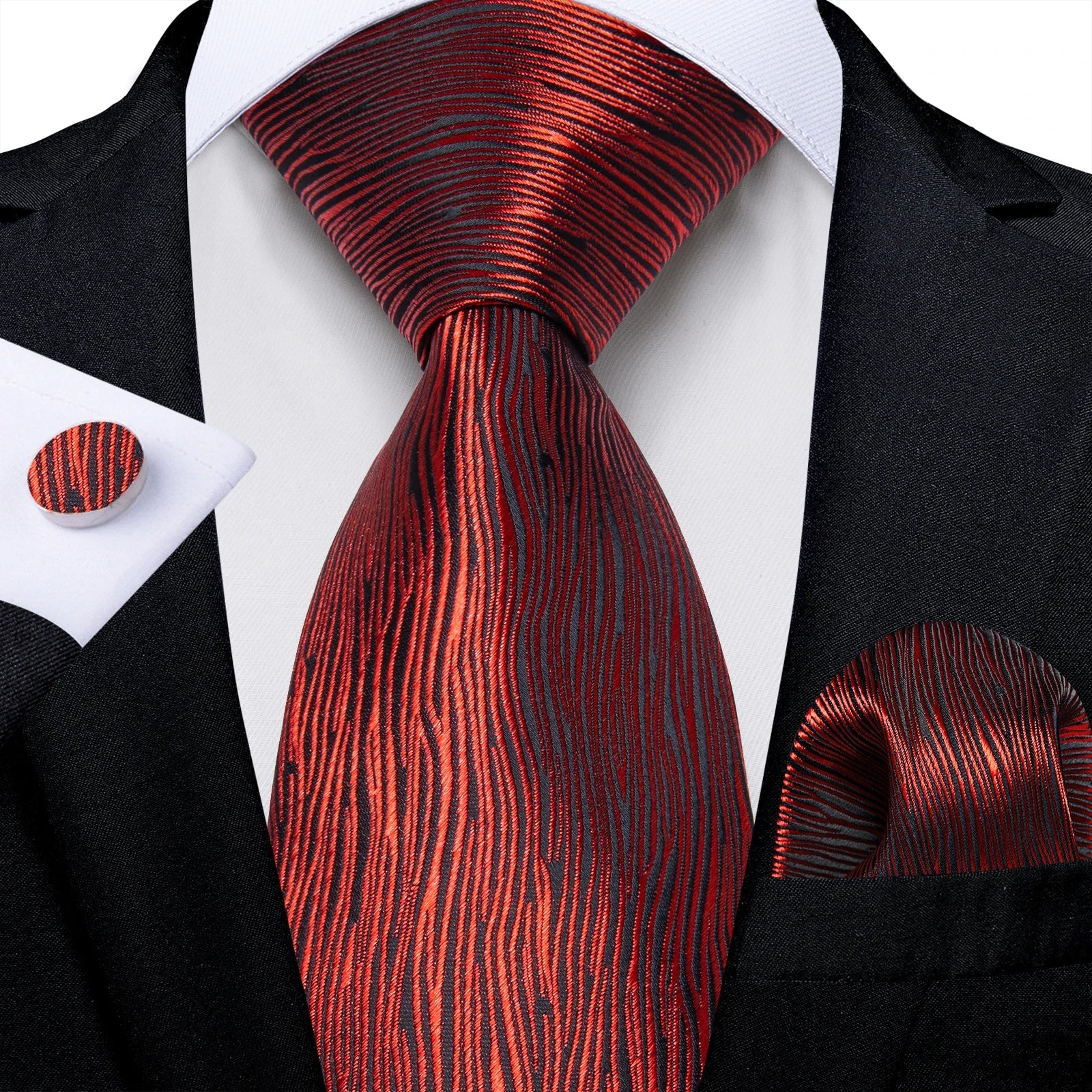 Luxury Floral Striped Solid Men's 8 cm Red Silk Tie Set Handkerchief Cufflinks Business Wedding Prom Groom Accsessories Gift Men - Luzilly Bridal & Apparel