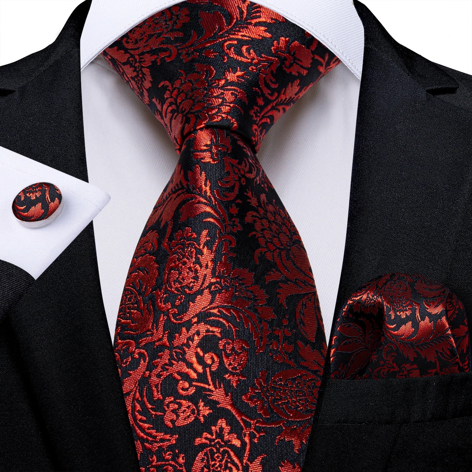 Luxury Floral Striped Solid Men's 8 cm Red Silk Tie Set Handkerchief Cufflinks Business Wedding Prom Groom Accsessories Gift Men - Luzilly Bridal & Apparel