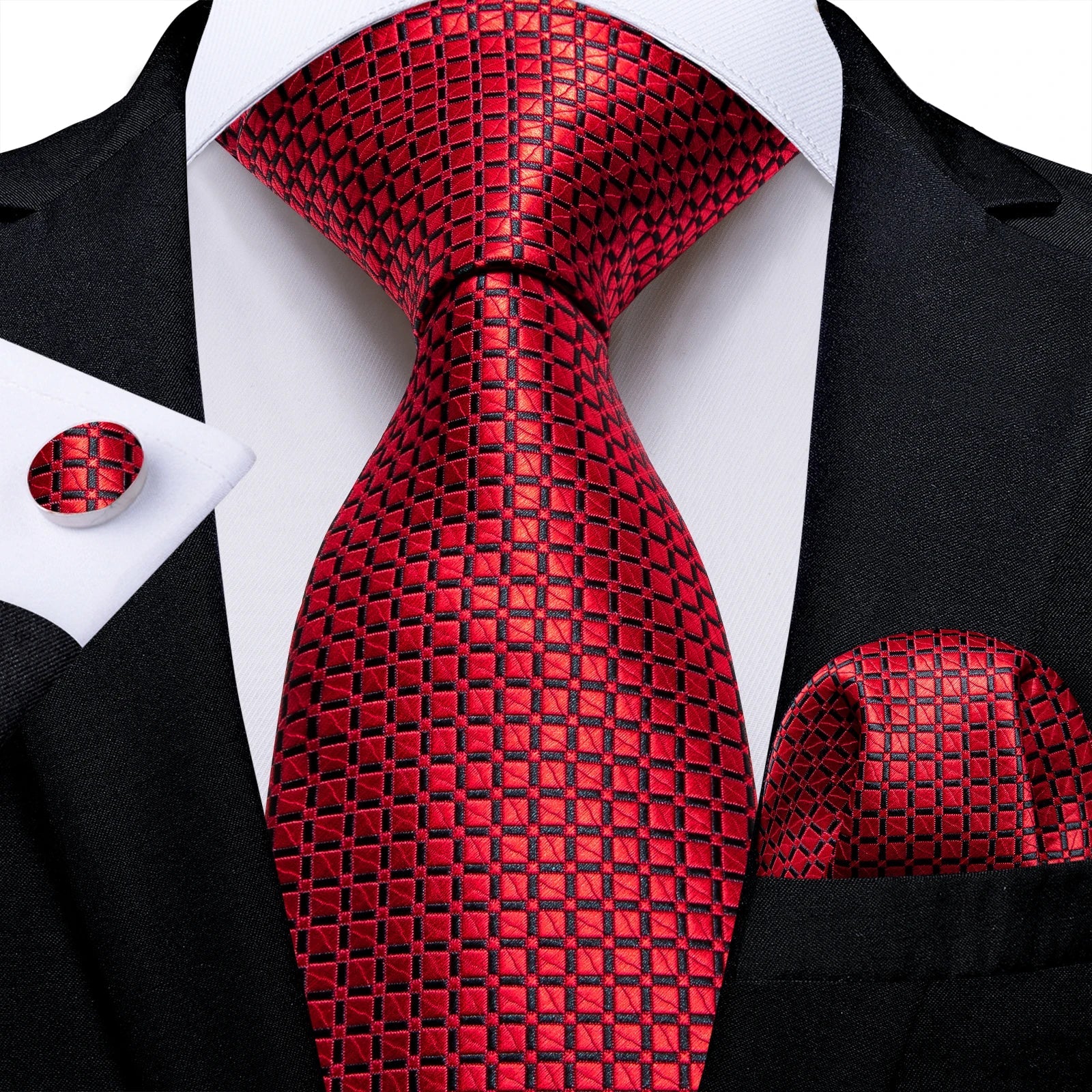 Luxury Floral Striped Solid Men's 8 cm Red Silk Tie Set Handkerchief Cufflinks Business Wedding Prom Groom Accsessories Gift Men - Luzilly Bridal & Apparel