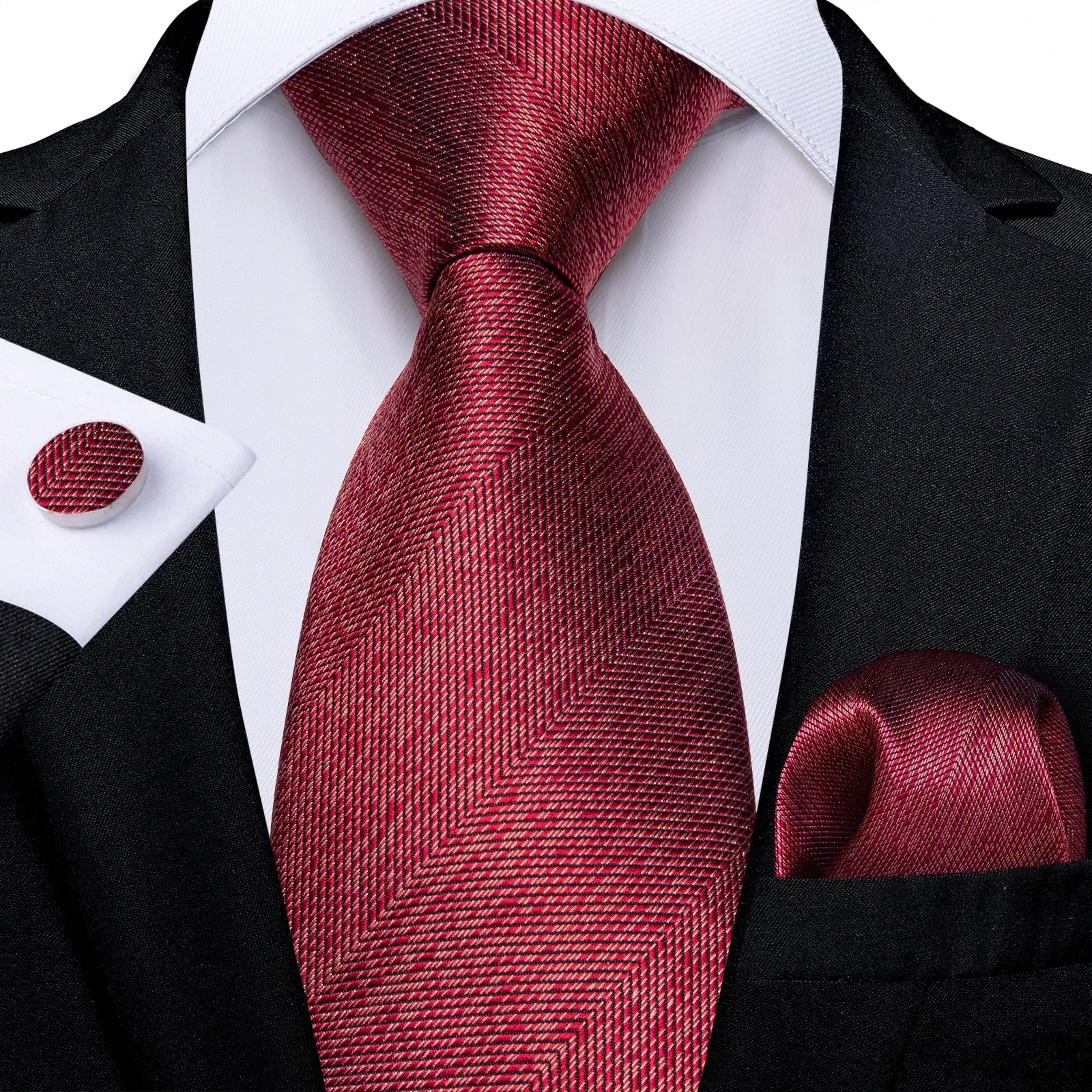 Luxury Floral Striped Solid Men's 8 cm Red Silk Tie Set Handkerchief Cufflinks Business Wedding Prom Groom Accsessories Gift Men - Luzilly Bridal & Apparel