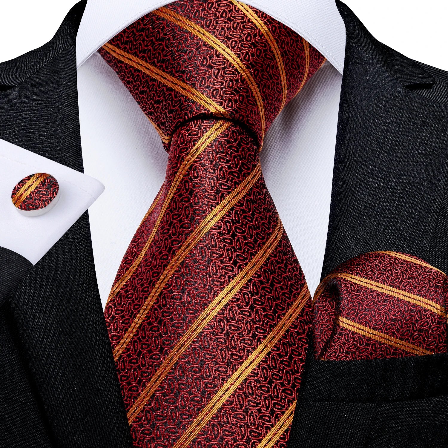 Luxury Floral Striped Solid Men's 8 cm Red Silk Tie Set Handkerchief Cufflinks Business Wedding Prom Groom Accsessories Gift Men - Luzilly Bridal & Apparel