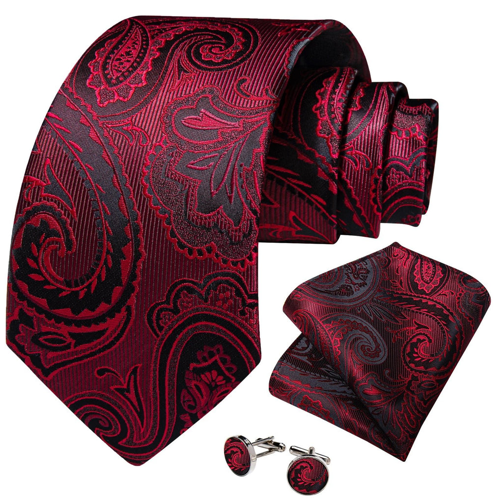 Luxury Floral Striped Solid Men's 8 cm Red Silk Tie Set Handkerchief Cufflinks Business Wedding Prom Groom Accsessories Gift Men - Luzilly Bridal & Apparel