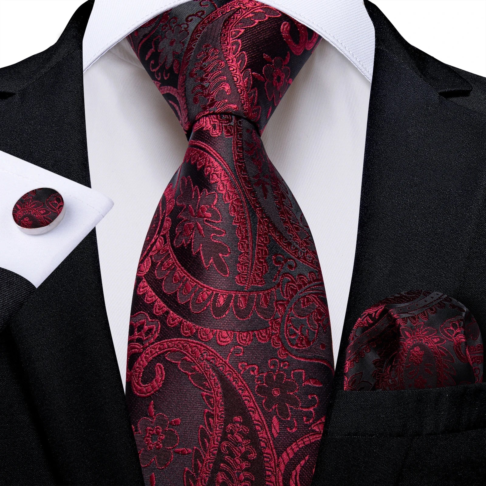 Luxury Floral Striped Solid Men's 8 cm Red Silk Tie Set Handkerchief Cufflinks Business Wedding Prom Groom Accsessories Gift Men - Luzilly Bridal & Apparel