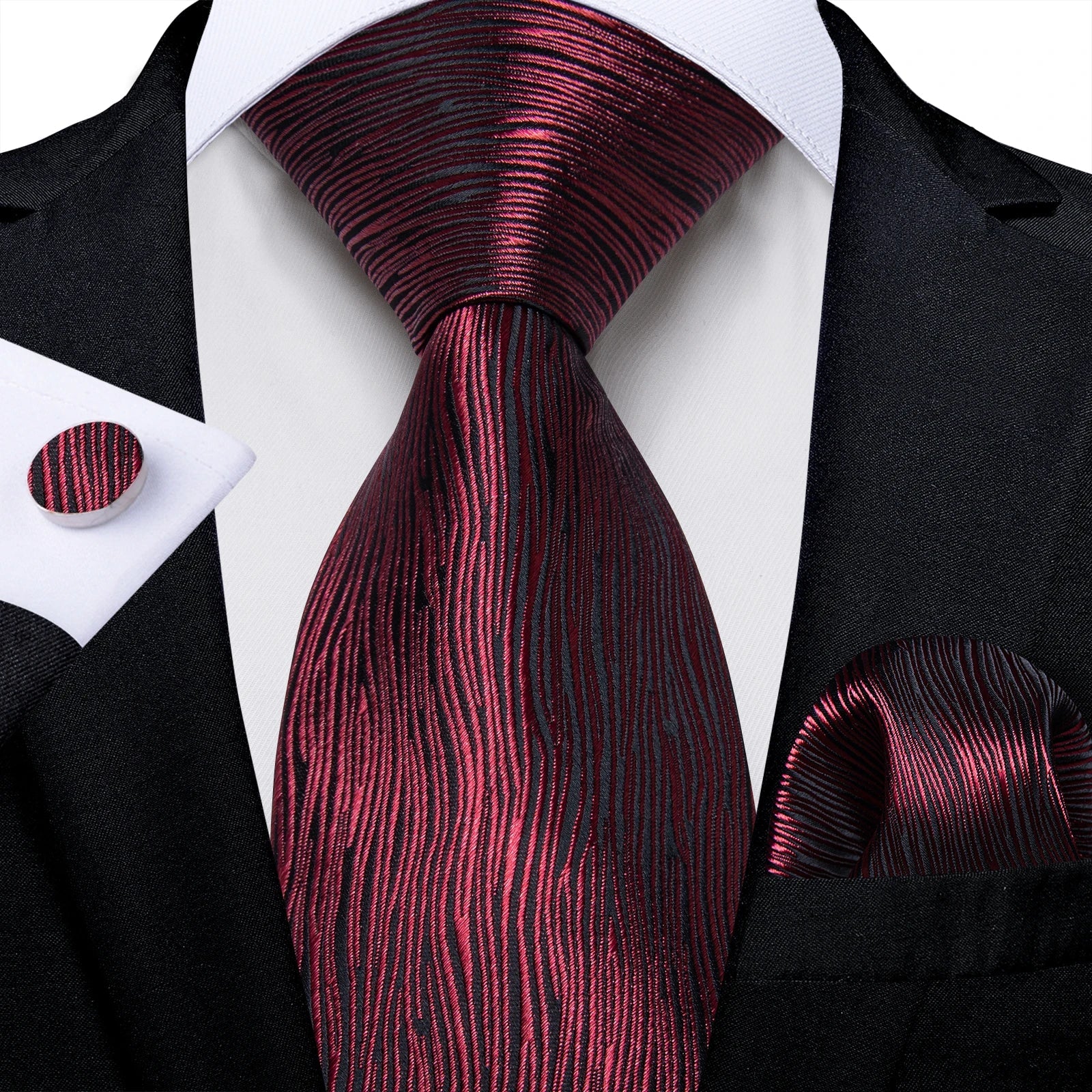 Luxury Floral Striped Solid Men's 8 cm Red Silk Tie Set Handkerchief Cufflinks Business Wedding Prom Groom Accsessories Gift Men - Luzilly Bridal & Apparel