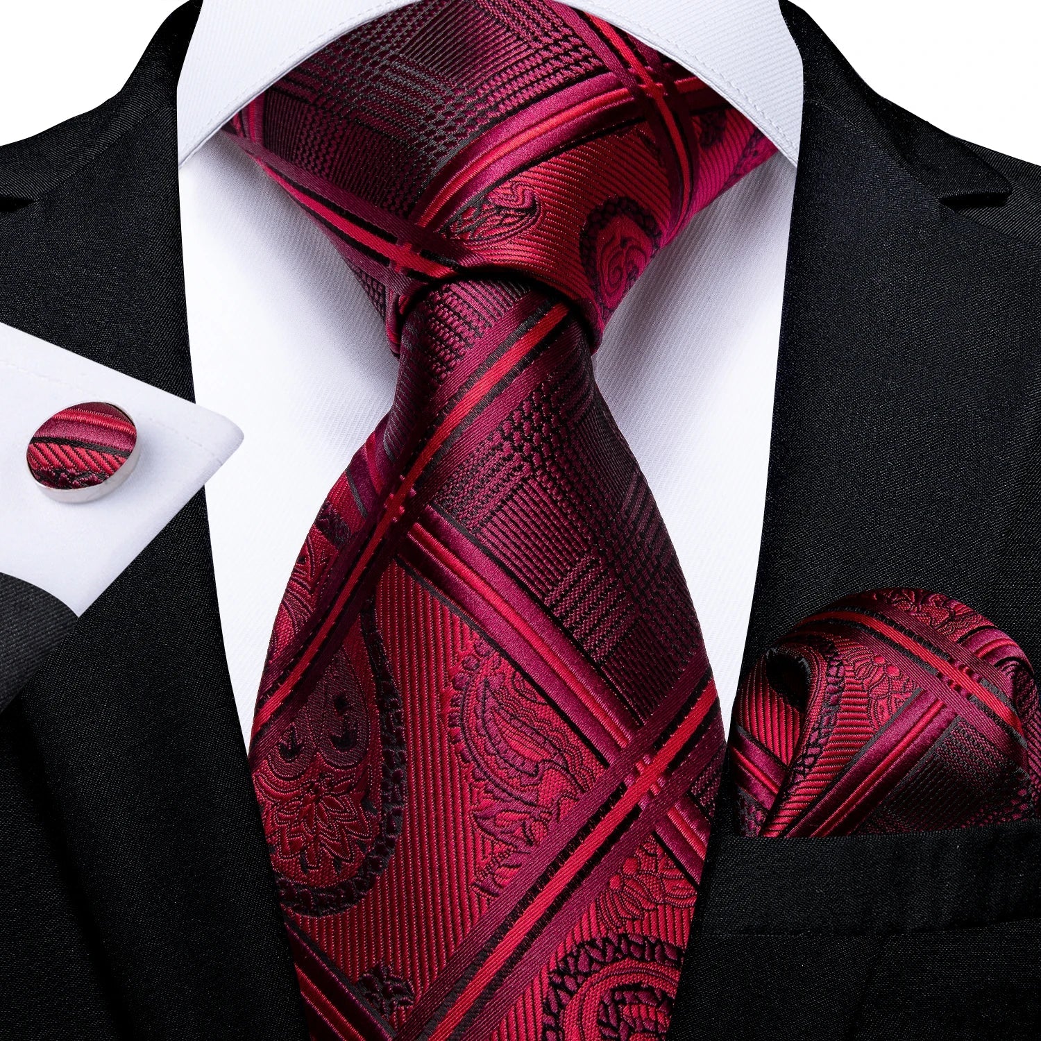 Luxury Floral Striped Solid Men's 8 cm Red Silk Tie Set Handkerchief Cufflinks Business Wedding Prom Groom Accsessories Gift Men - Luzilly Bridal & Apparel