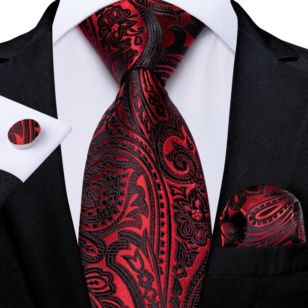 Luxury Floral Striped Solid Men's 8 cm Red Silk Tie Set Handkerchief Cufflinks Business Wedding Prom Groom Accsessories Gift Men - Luzilly Bridal & Apparel