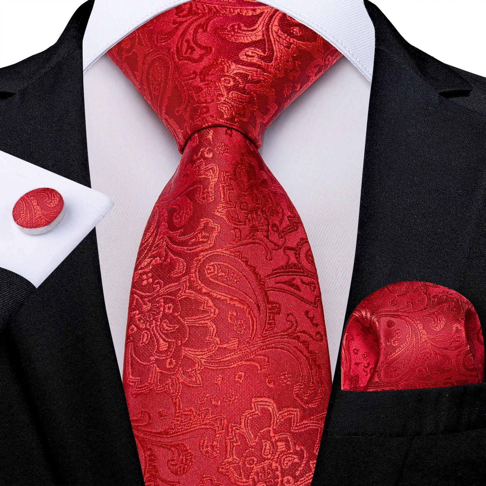 Luxury Floral Striped Solid Men's 8 cm Red Silk Tie Set Handkerchief Cufflinks Business Wedding Prom Groom Accsessories Gift Men - Luzilly Bridal & Apparel