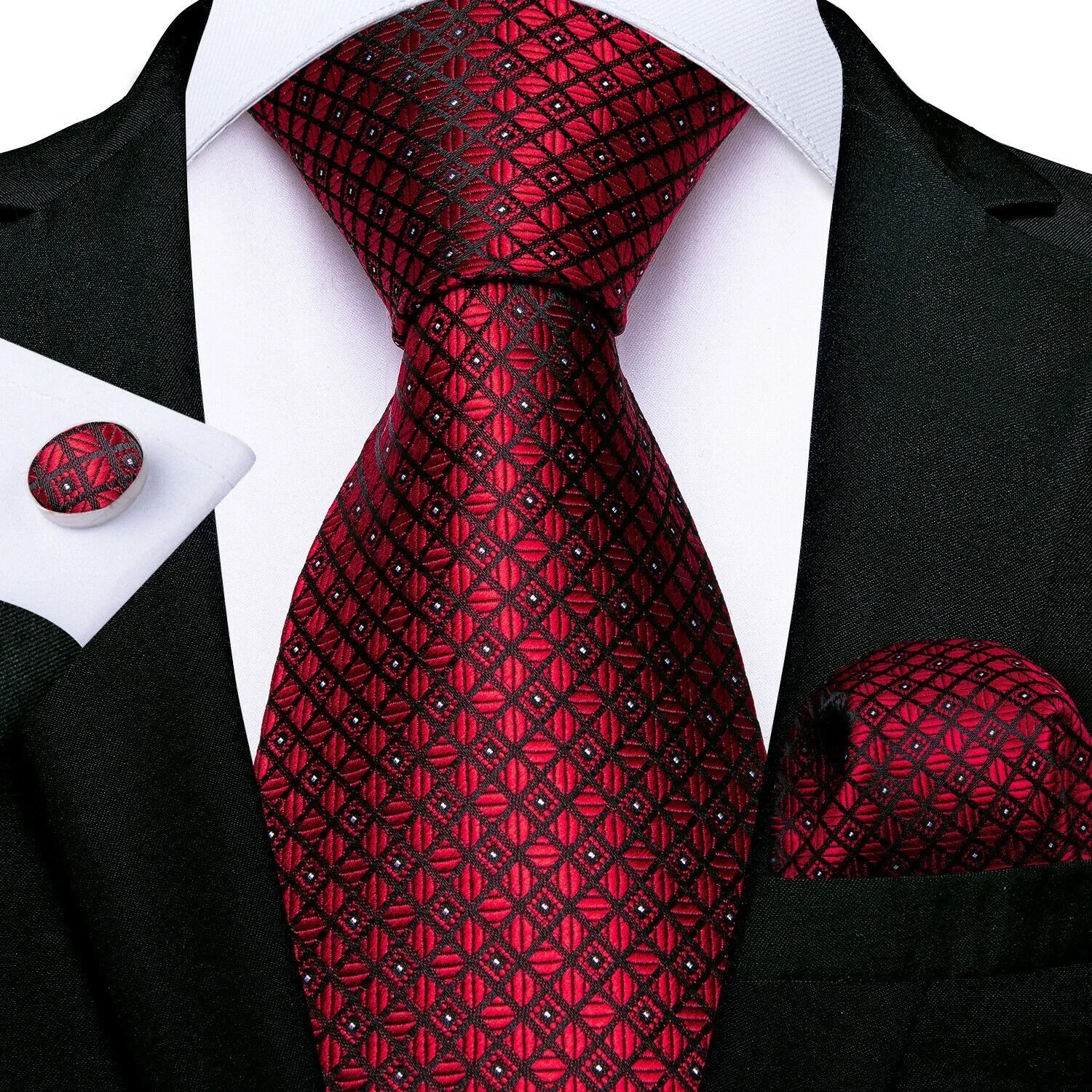 Luxury Floral Striped Solid Men's 8 cm Red Silk Tie Set Handkerchief Cufflinks Business Wedding Prom Groom Accsessories Gift Men - Luzilly Bridal & Apparel