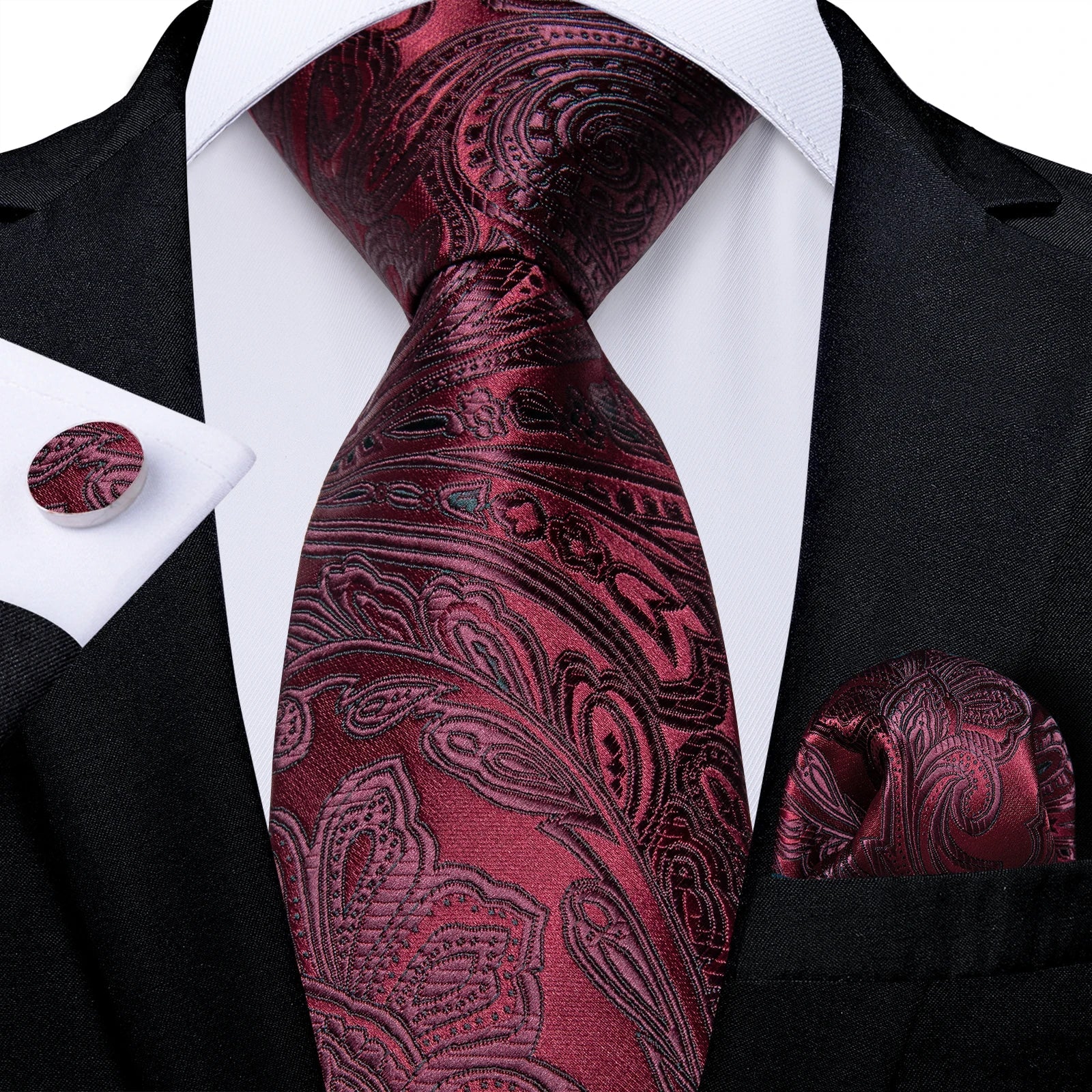 Luxury Floral Striped Solid Men's 8 cm Red Silk Tie Set Handkerchief Cufflinks Business Wedding Prom Groom Accsessories Gift Men - Luzilly Bridal & Apparel