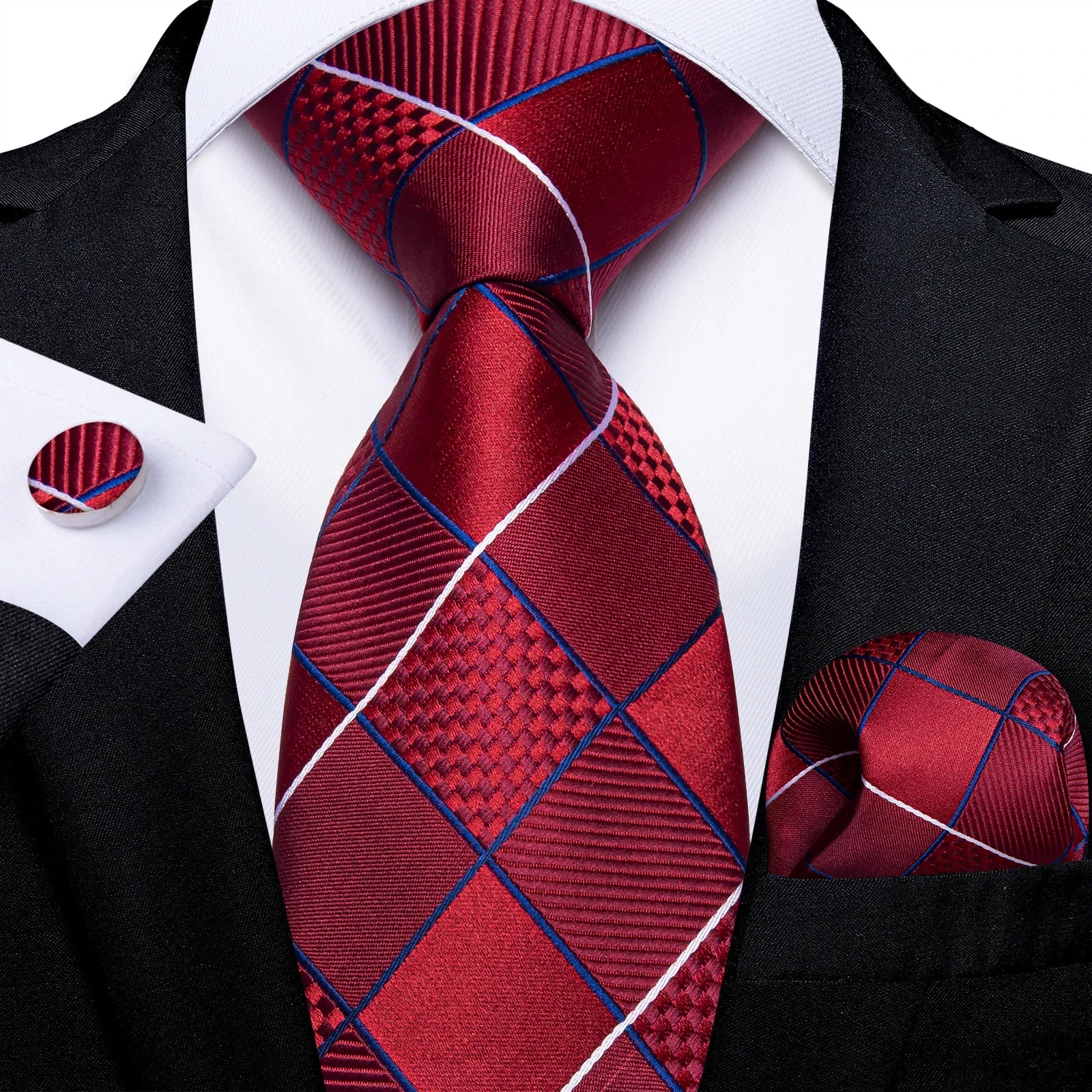 Luxury Floral Striped Solid Men's 8 cm Red Silk Tie Set Handkerchief Cufflinks Business Wedding Prom Groom Accsessories Gift Men - Luzilly Bridal & Apparel