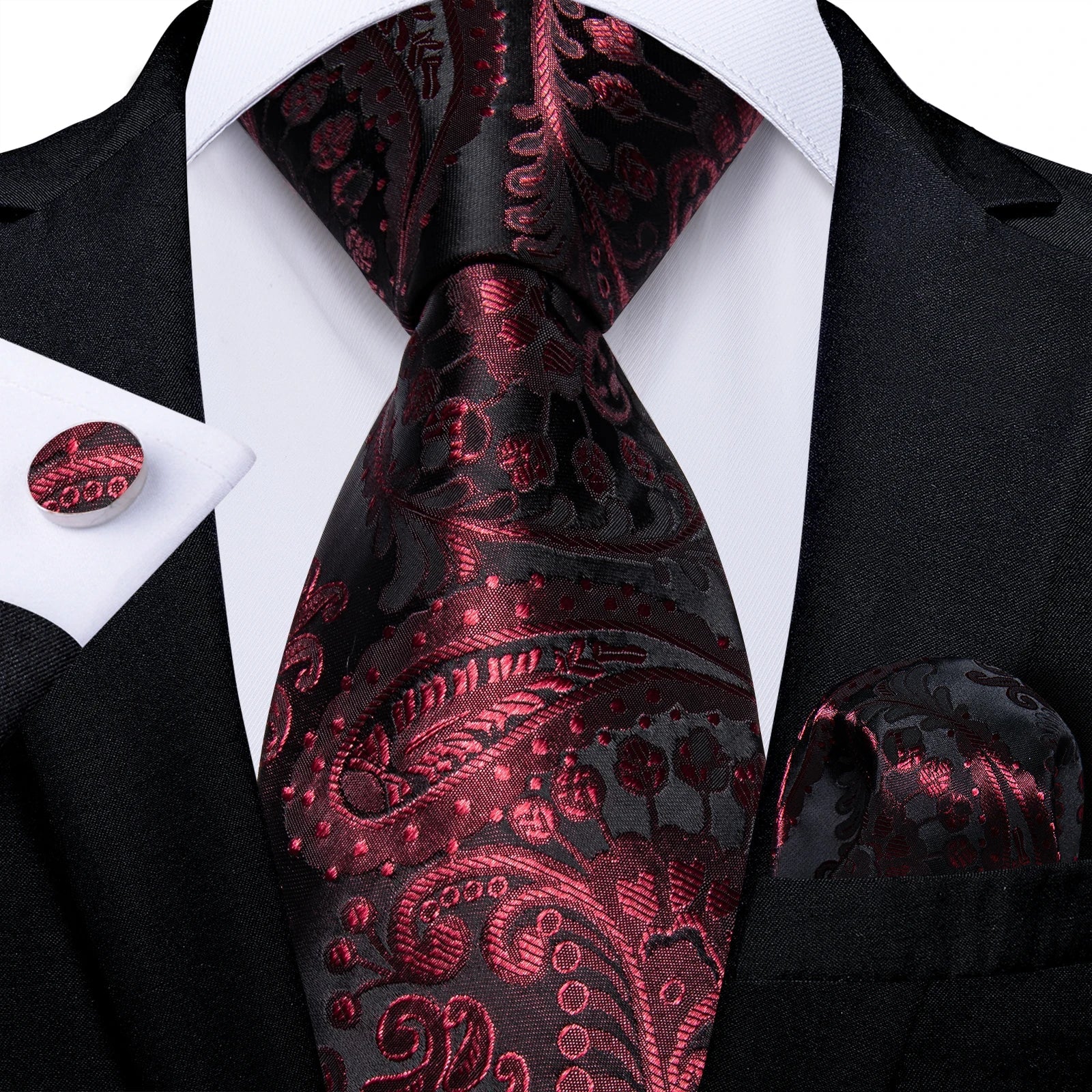 Luxury Floral Striped Solid Men's 8 cm Red Silk Tie Set Handkerchief Cufflinks Business Wedding Prom Groom Accsessories Gift Men - Luzilly Bridal & Apparel