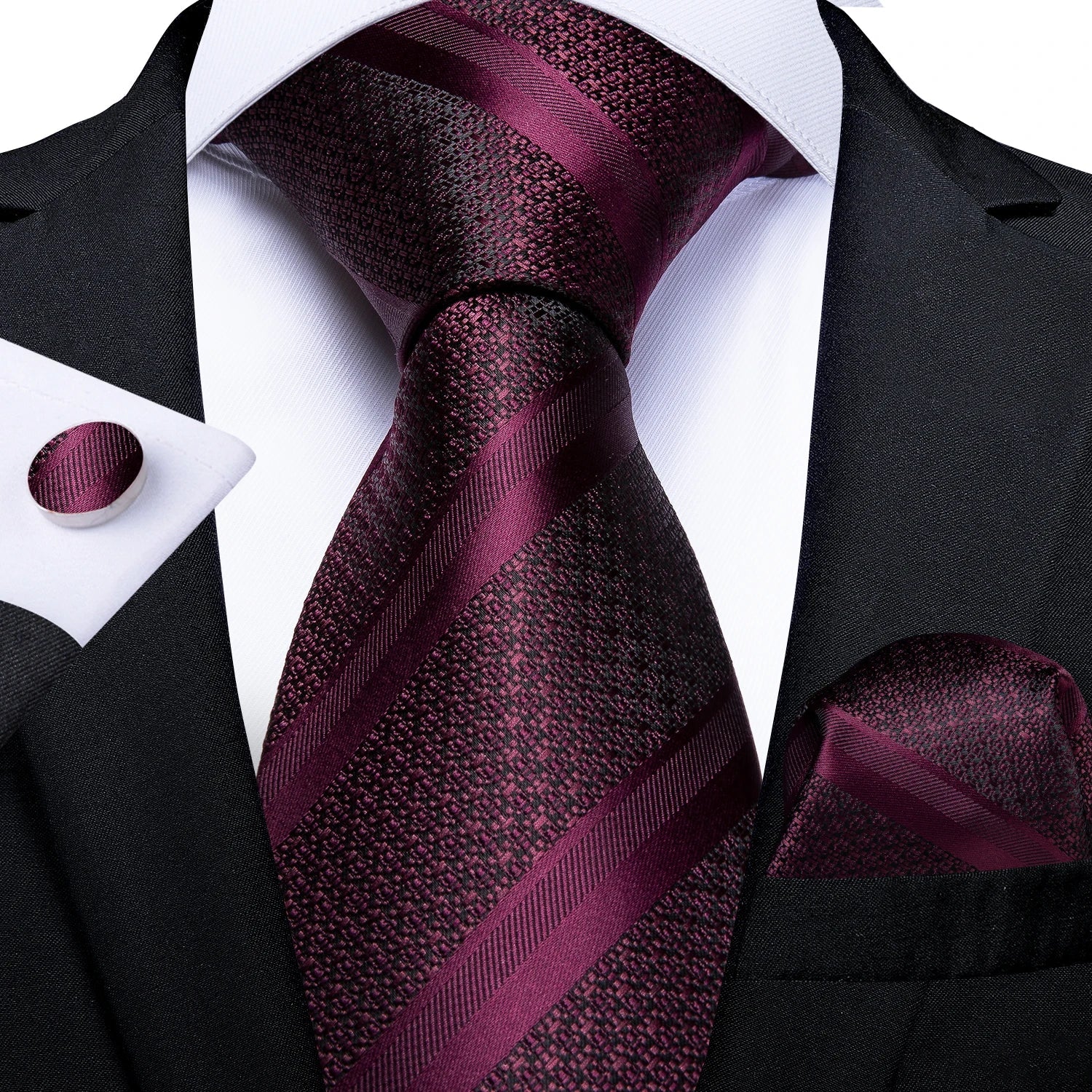 Luxury Floral Striped Solid Men's 8 cm Red Silk Tie Set Handkerchief Cufflinks Business Wedding Prom Groom Accsessories Gift Men - Luzilly Bridal & Apparel