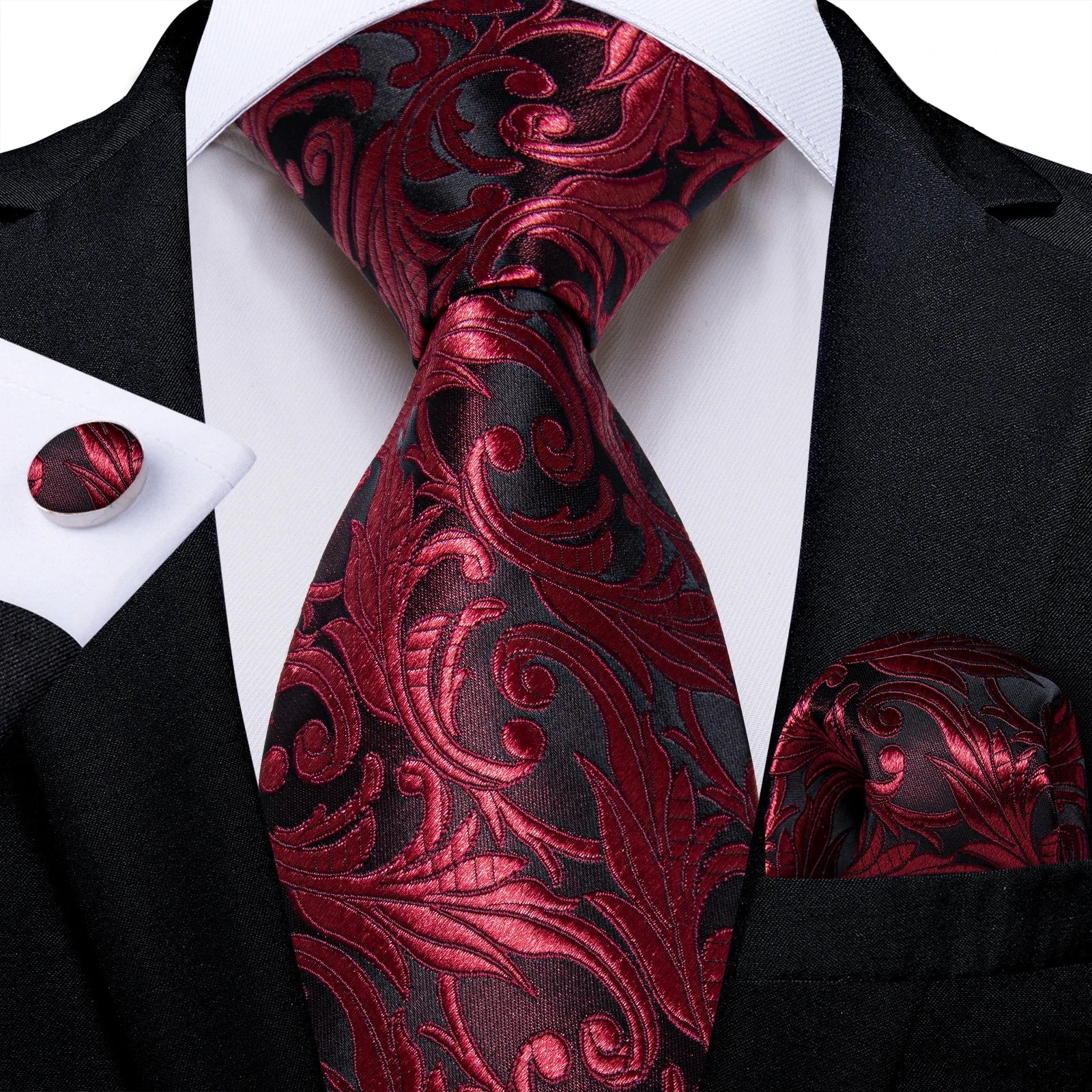 Luxury Floral Striped Solid Men's 8 cm Red Silk Tie Set Handkerchief Cufflinks Business Wedding Prom Groom Accsessories Gift Men - Luzilly Bridal & Apparel