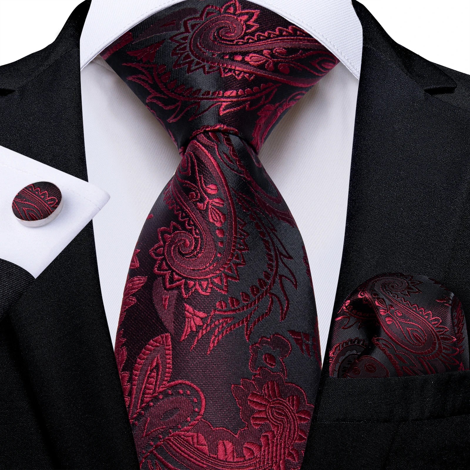 Luxury Floral Striped Solid Men's 8 cm Red Silk Tie Set Handkerchief Cufflinks Business Wedding Prom Groom Accsessories Gift Men - Luzilly Bridal & Apparel