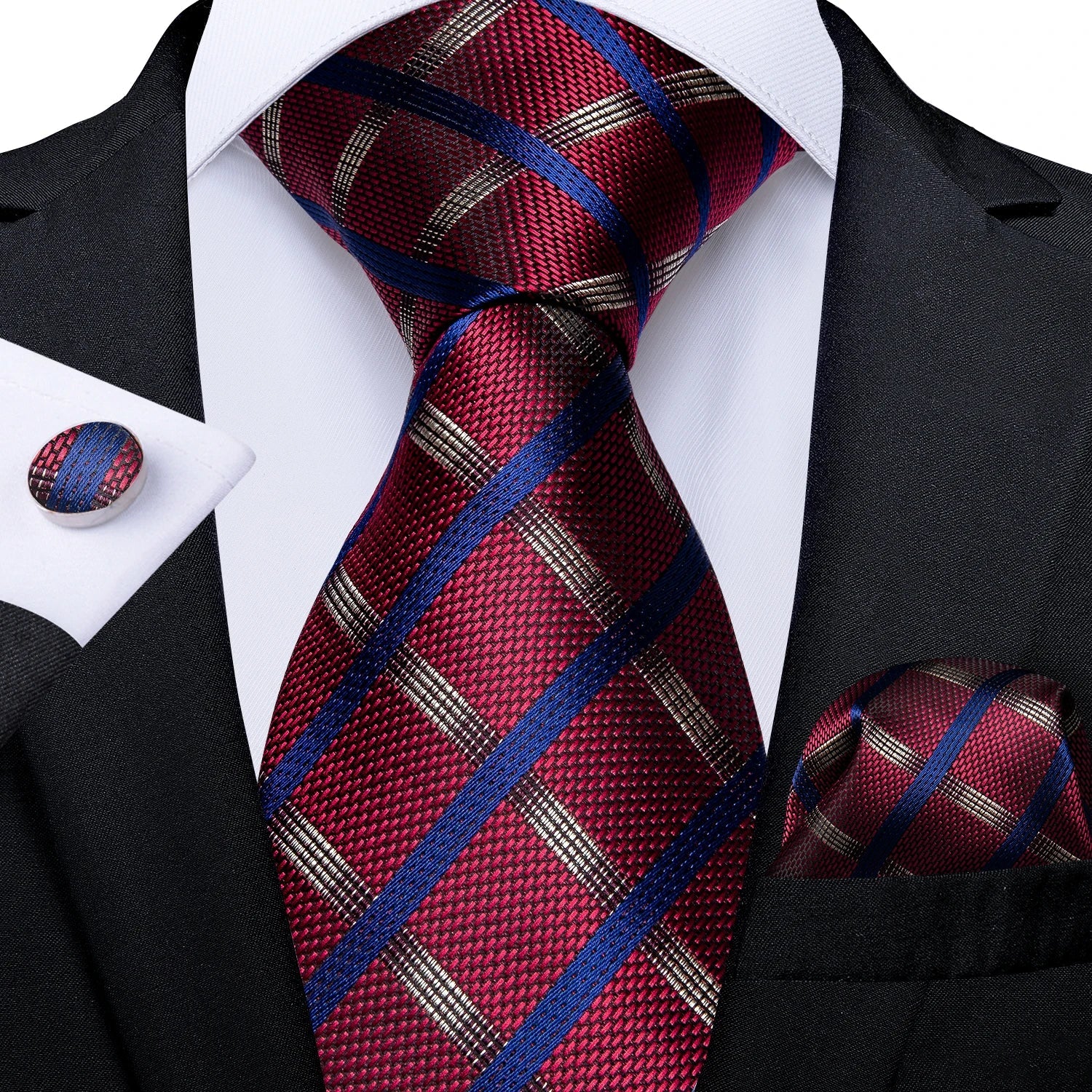 Luxury Floral Striped Solid Men's 8 cm Red Silk Tie Set Handkerchief Cufflinks Business Wedding Prom Groom Accsessories Gift Men - Luzilly Bridal & Apparel