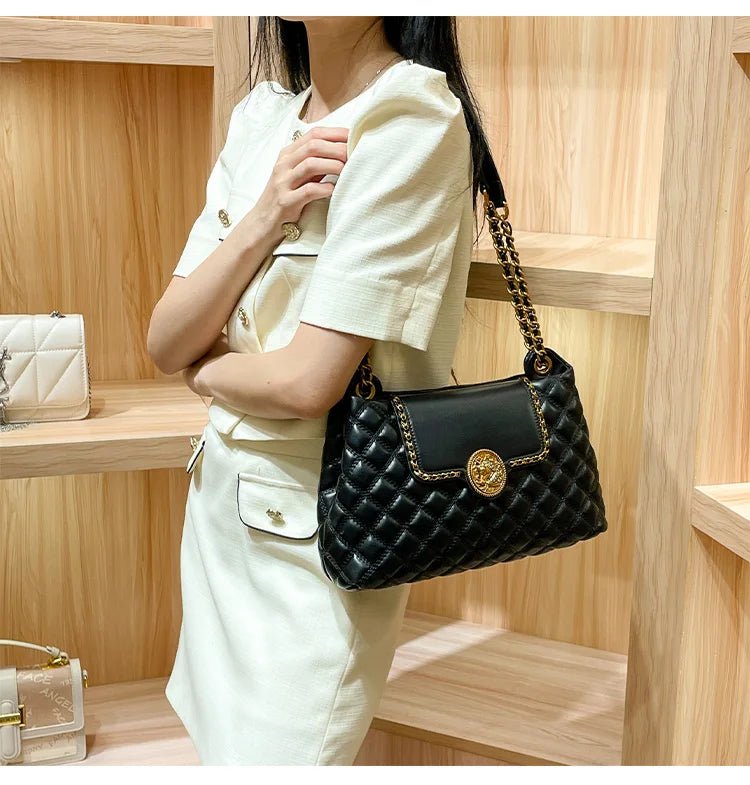 Luxury Genuine Leather Chain Shoulder Bag for Women | New Designer Large Capacity Underarm Handbag (Diamond Lattice) - Luzilly Bridal & Apparel