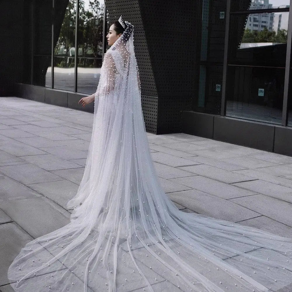 Handbeaded Pearl Bridal Veil with Hair Comb