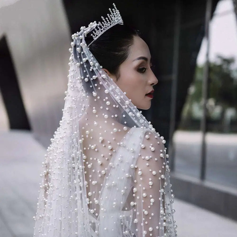 Handbeaded Pearl Bridal Veil with Hair Comb