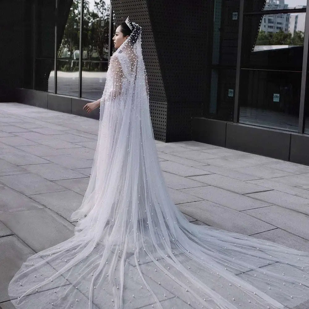 Handbeaded Pearl Bridal Veil with Hair Comb