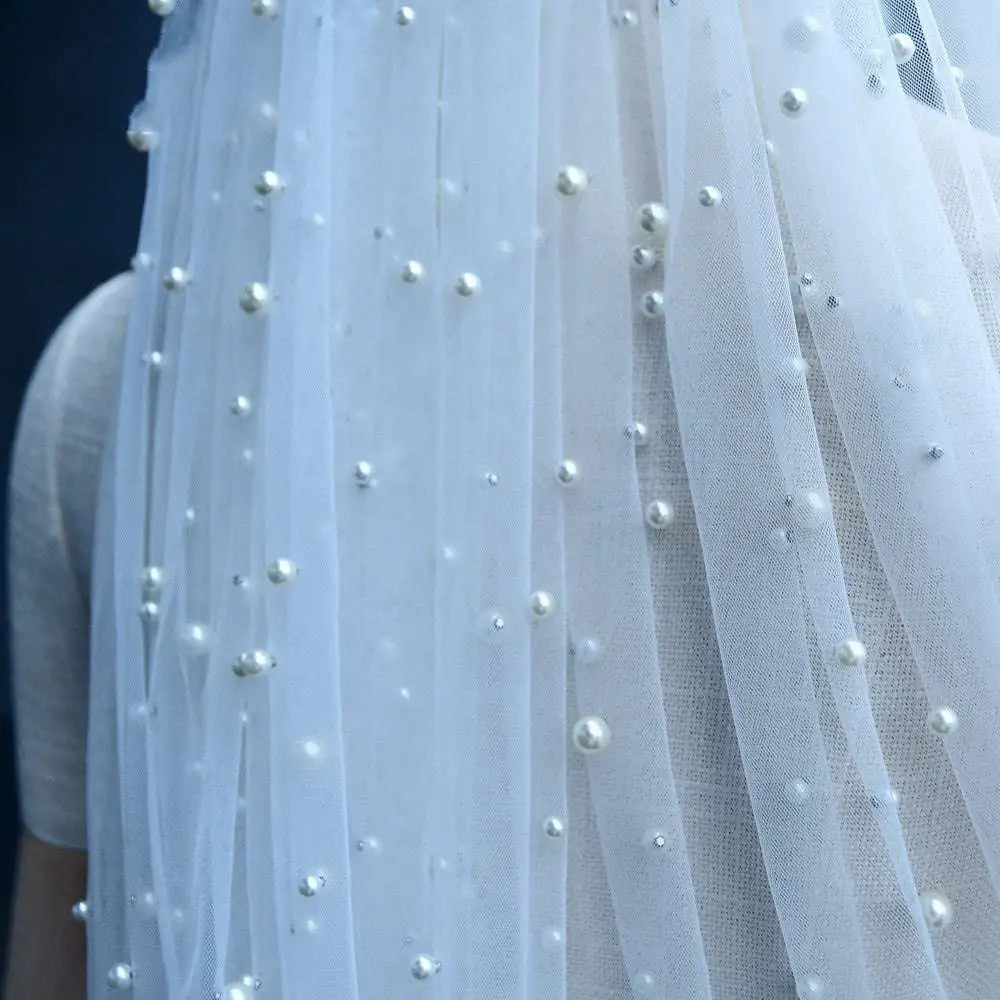 Handbeaded Pearl Bridal Veil with Hair Comb