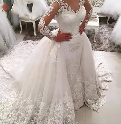 Luxury Lace Mermaid Wedding Dress with Detachable Train - Luzilly Bridal & Apparel