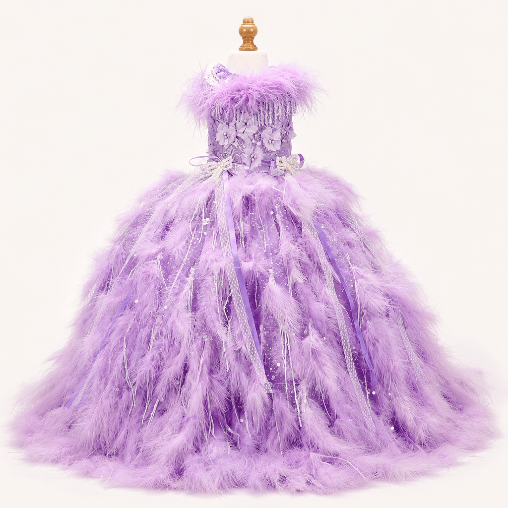 Luxury Lavender Feather Dog Wedding Gown with Crystal Details - Luzilly Bridal & Apparel