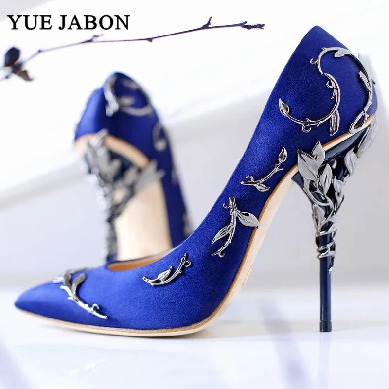 Luxury Leaves Metal Heel Pumps Women Shoes Pointed Toe Blue White Pink Black Silk Stiletto High Heels Wedding Bride Shoes 10cm - Luzilly Bridal & Apparel