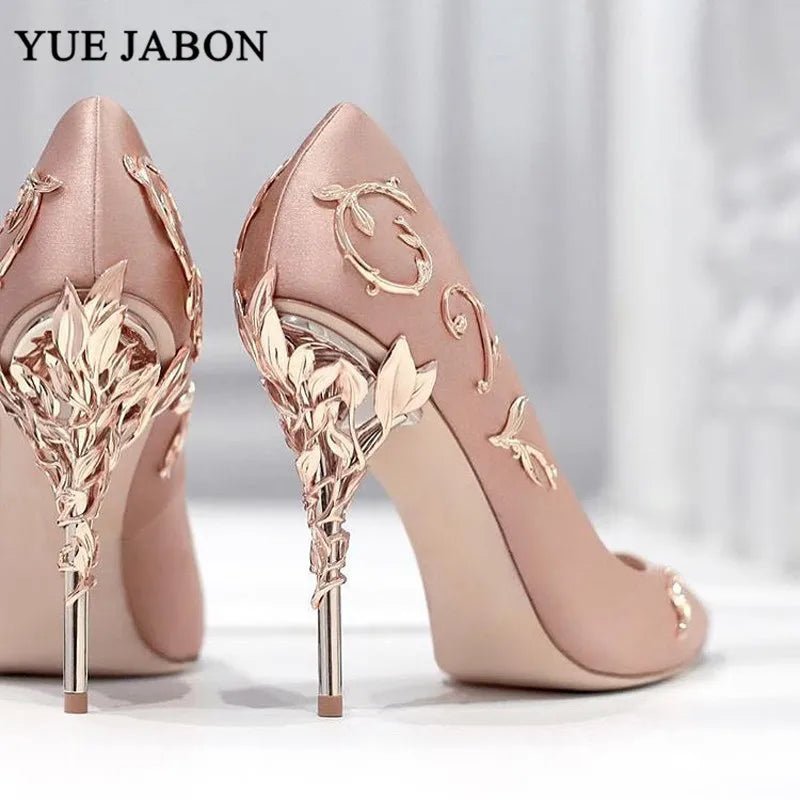 Luxury Leaves Metal Heel Pumps Women Shoes Pointed Toe Blue White Pink Black Silk Stiletto High Heels Wedding Bride Shoes 10cm - Luzilly Bridal & Apparel