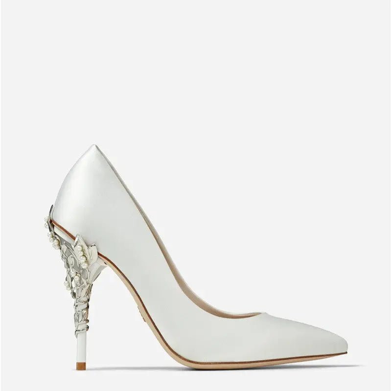 Luxury Leaves Metal Heel Pumps Women Shoes Pointed Toe Blue White Pink Black Silk Stiletto High Heels Wedding Bride Shoes 10cm - Luzilly Bridal & Apparel