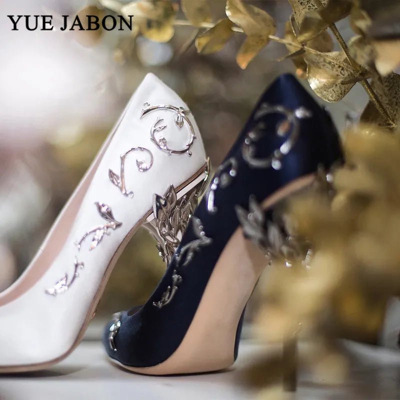 Luxury Leaves Metal Heel Pumps Women Shoes Pointed Toe Blue White Pink Black Silk Stiletto High Heels Wedding Bride Shoes 10cm - Luzilly Bridal & Apparel