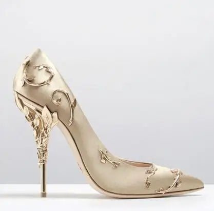 Luxury Leaves Metal Heel Pumps Women Shoes Pointed Toe Blue White Pink Black Silk Stiletto High Heels Wedding Bride Shoes 10cm - Luzilly Bridal & Apparel