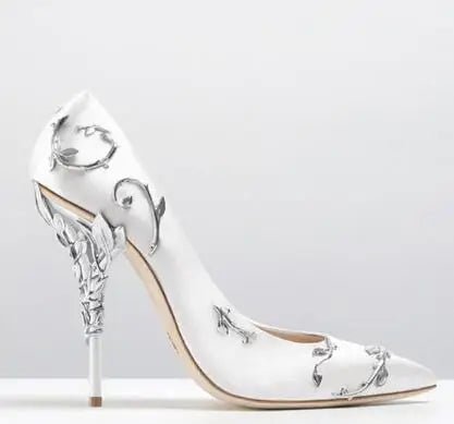 Luxury Leaves Metal Heel Pumps Women Shoes Pointed Toe Blue White Pink Black Silk Stiletto High Heels Wedding Bride Shoes 10cm - Luzilly Bridal & Apparel
