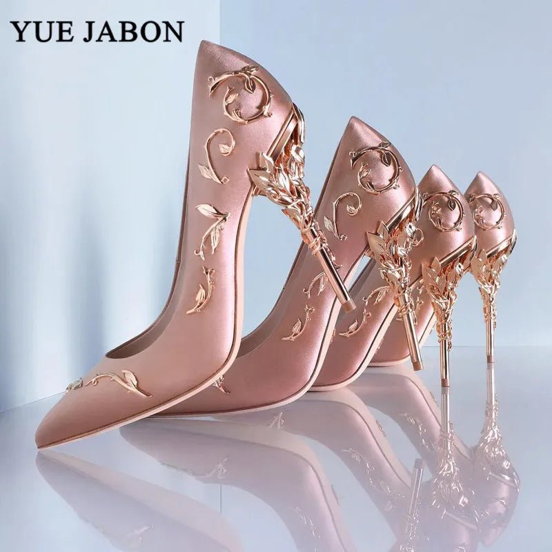 Luxury Leaves Metal Heel Pumps Women Shoes Pointed Toe Blue White Pink Black Silk Stiletto High Heels Wedding Bride Shoes 10cm - Luzilly Bridal & Apparel