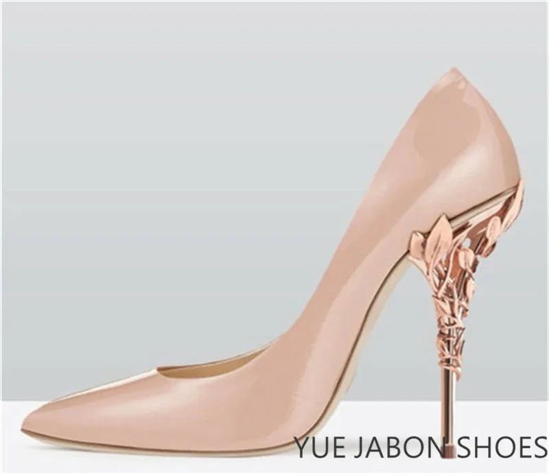 Luxury Leaves Metal Heel Pumps Women Shoes Pointed Toe Blue White Pink Black Silk Stiletto High Heels Wedding Bride Shoes 10cm - Luzilly Bridal & Apparel