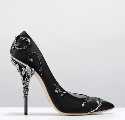 Luxury Leaves Metal Heel Pumps Women Shoes Pointed Toe Blue White Pink Black Silk Stiletto High Heels Wedding Bride Shoes 10cm - Luzilly Bridal & Apparel