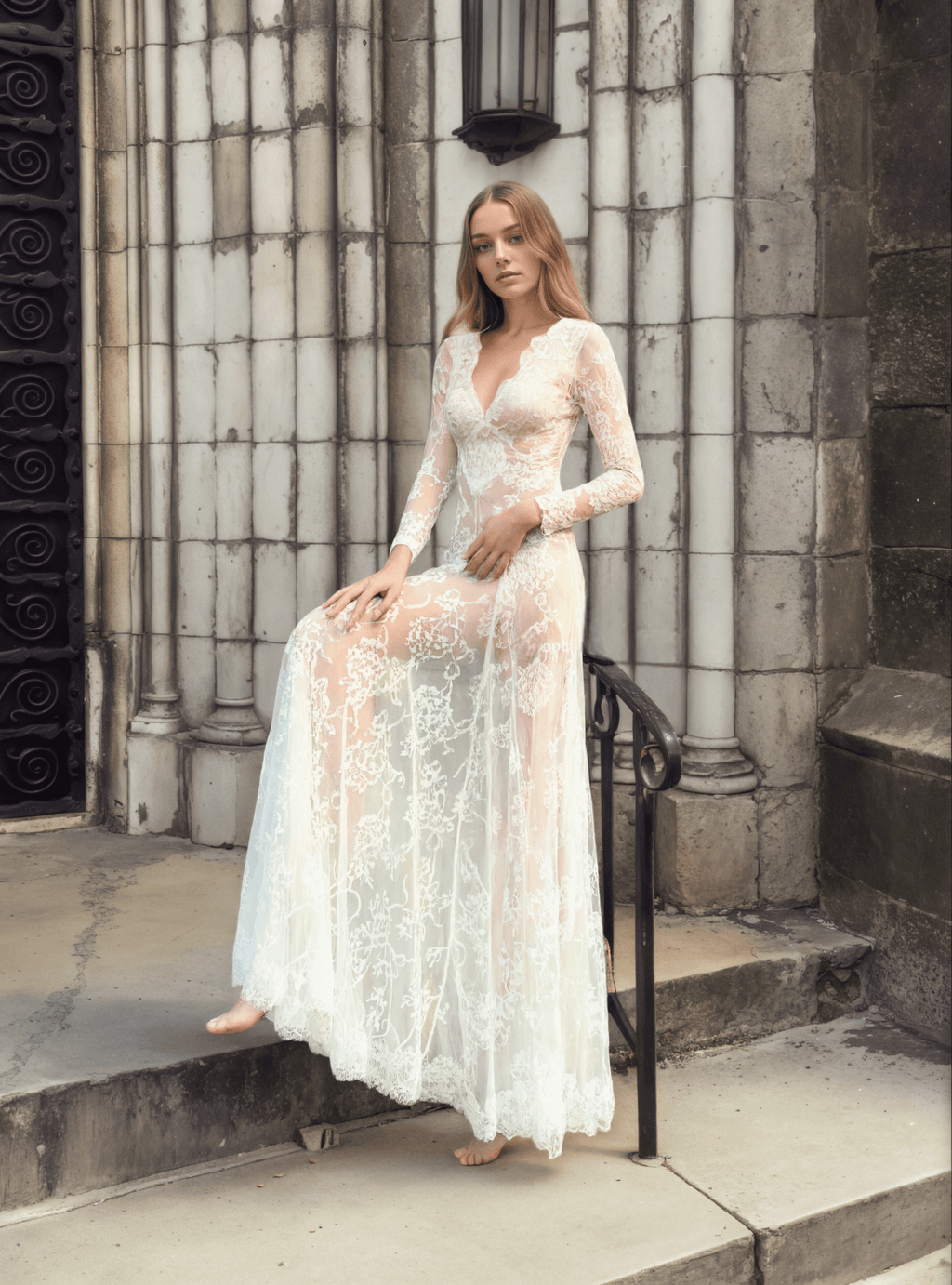 Luxury Long Sleeve Lace Sheer Robe Dress | Bridal Getting Ready & Boudoir Gown - Luzilly Bridal & Apparel