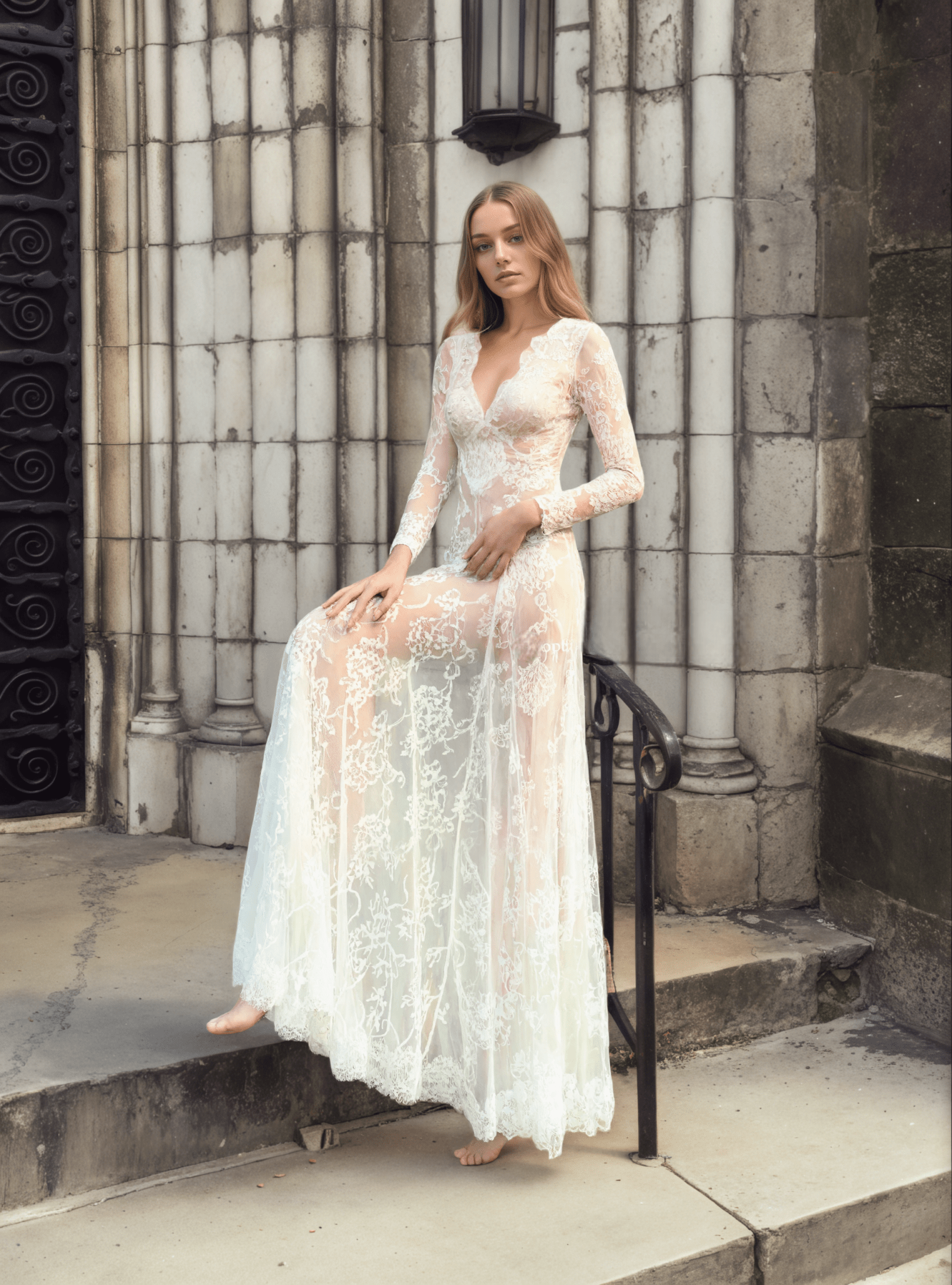 Luxury Long Sleeve Lace Sheer Robe Dress | Bridal Getting Ready & Boudoir Gown - Luzilly Bridal & Apparel