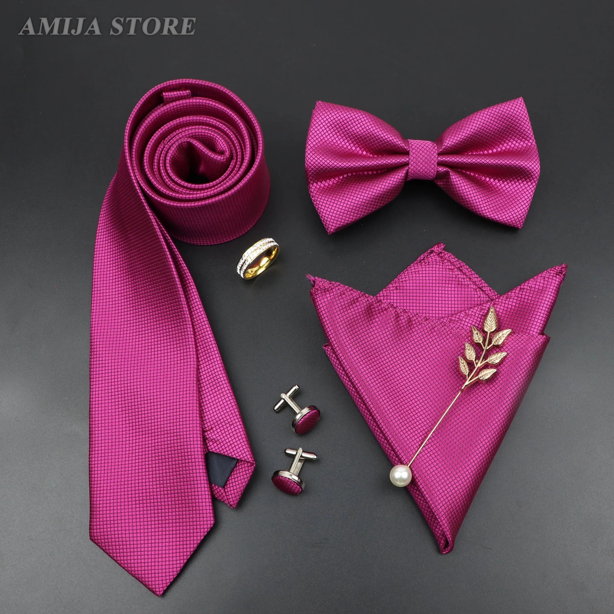 Luxury Men Ties Set Red Black Ties Soild Color NeckTie Pocket Square Cufflinks Brooch Tie Ring Set Men's Wedding Party Suit Gift - Luzilly Bridal & Apparel