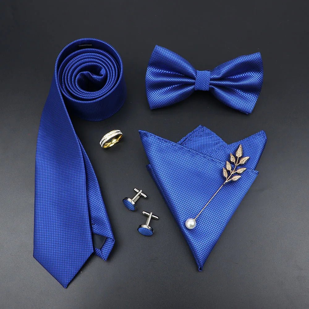 Luxury Men Ties Set Red Black Ties Soild Color NeckTie Pocket Square Cufflinks Brooch Tie Ring Set Men's Wedding Party Suit Gift - Luzilly Bridal & Apparel