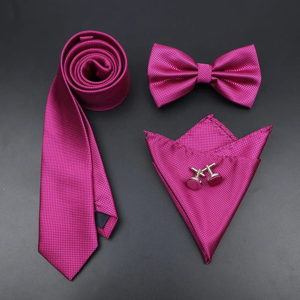 Luxury Men Ties Set Red Black Ties Soild Color NeckTie Pocket Square Cufflinks Brooch Tie Ring Set Men's Wedding Party Suit Gift - Luzilly Bridal & Apparel