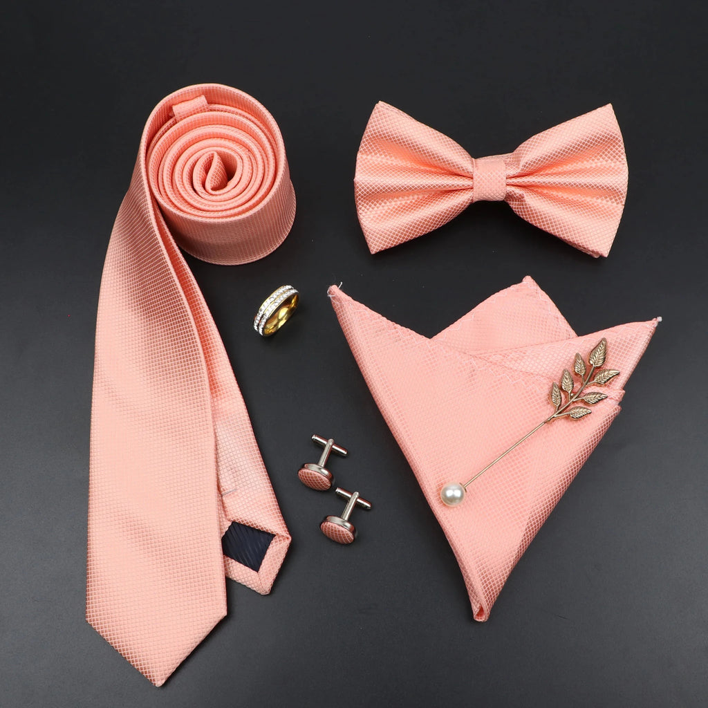 Luxury Men Ties Set Red Black Ties Soild Color NeckTie Pocket Square Cufflinks Brooch Tie Ring Set Men's Wedding Party Suit Gift - Luzilly Bridal & Apparel