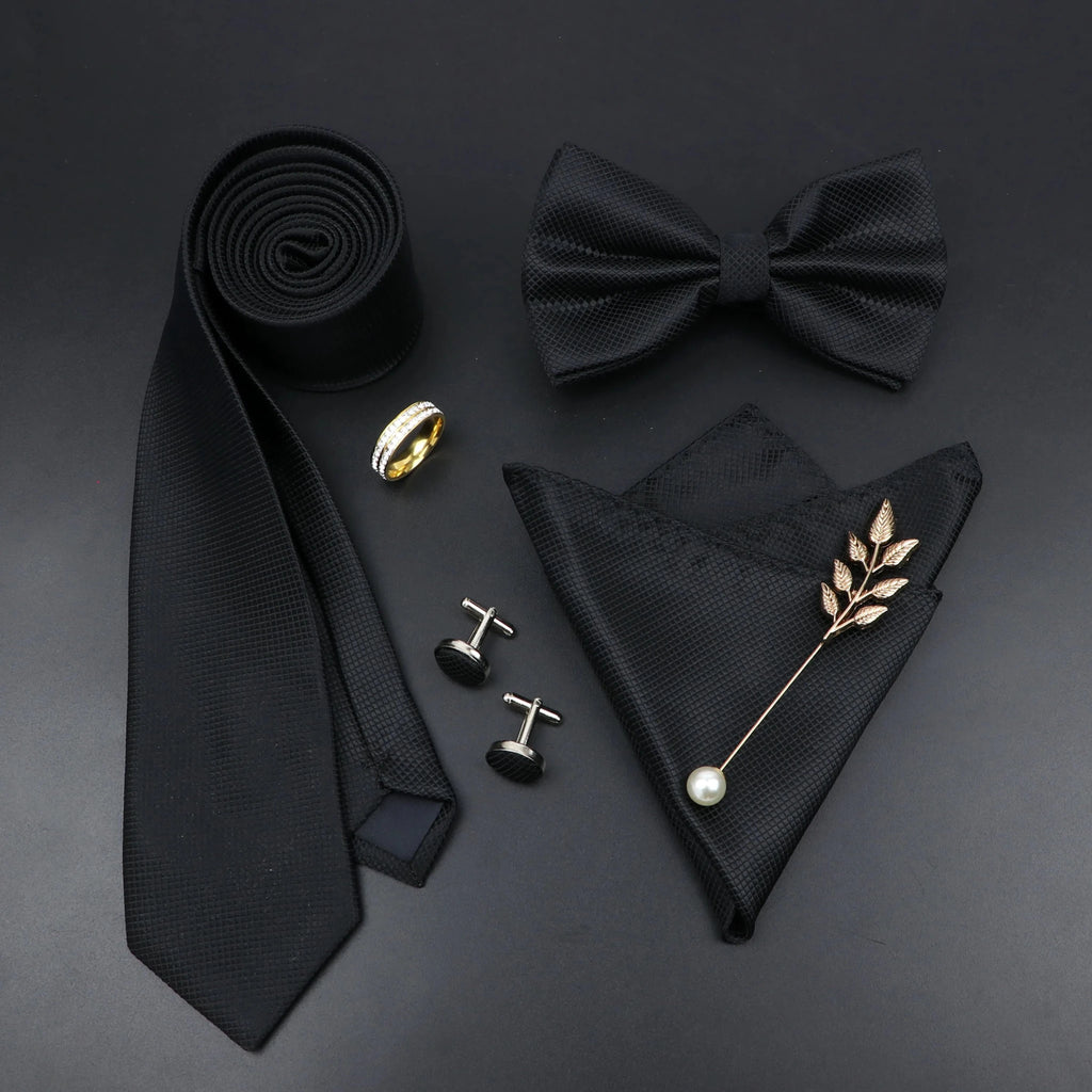 Luxury Men Ties Set Red Black Ties Soild Color NeckTie Pocket Square Cufflinks Brooch Tie Ring Set Men's Wedding Party Suit Gift - Luzilly Bridal & Apparel