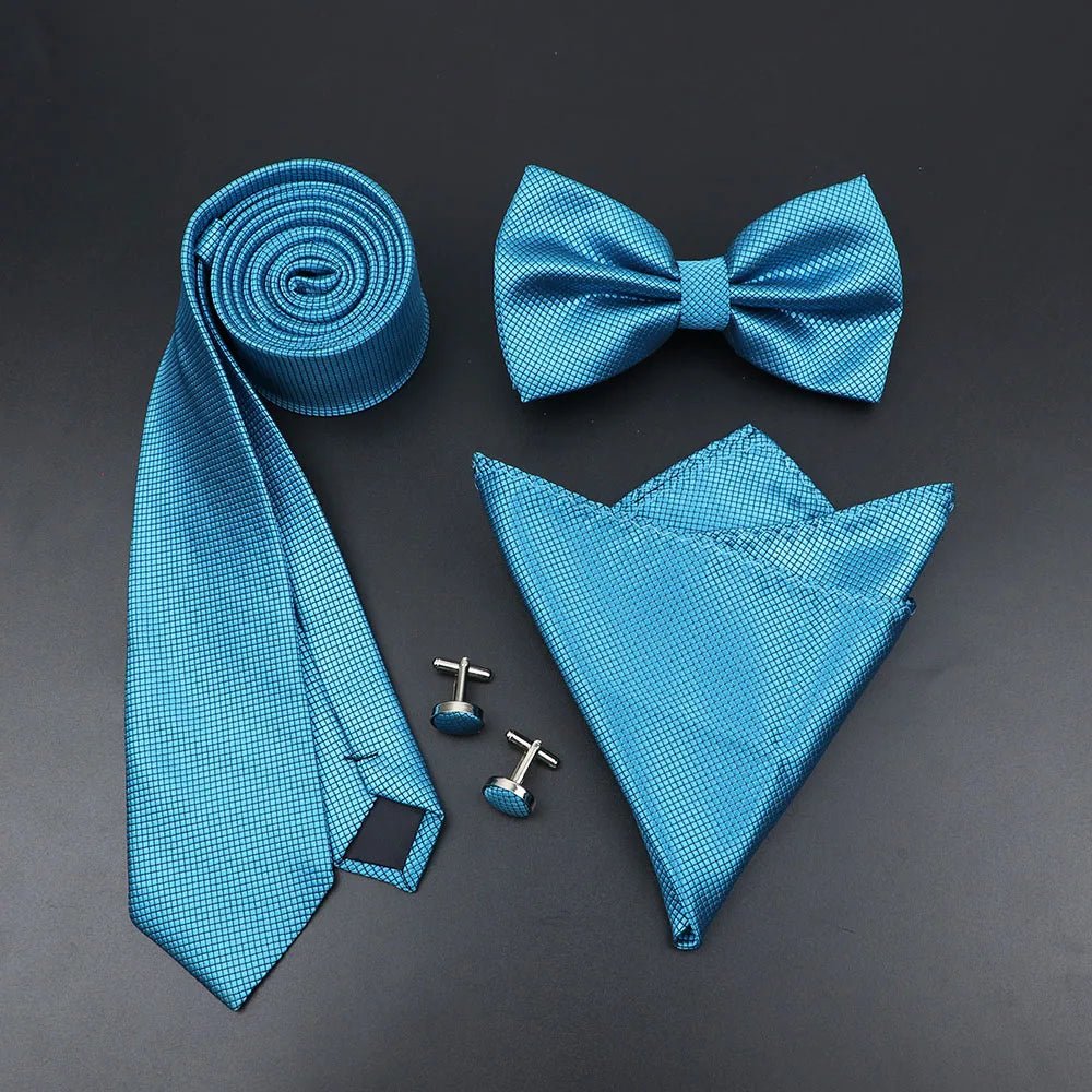 Luxury Men Ties Set Red Black Ties Soild Color NeckTie Pocket Square Cufflinks Brooch Tie Ring Set Men's Wedding Party Suit Gift - Luzilly Bridal & Apparel